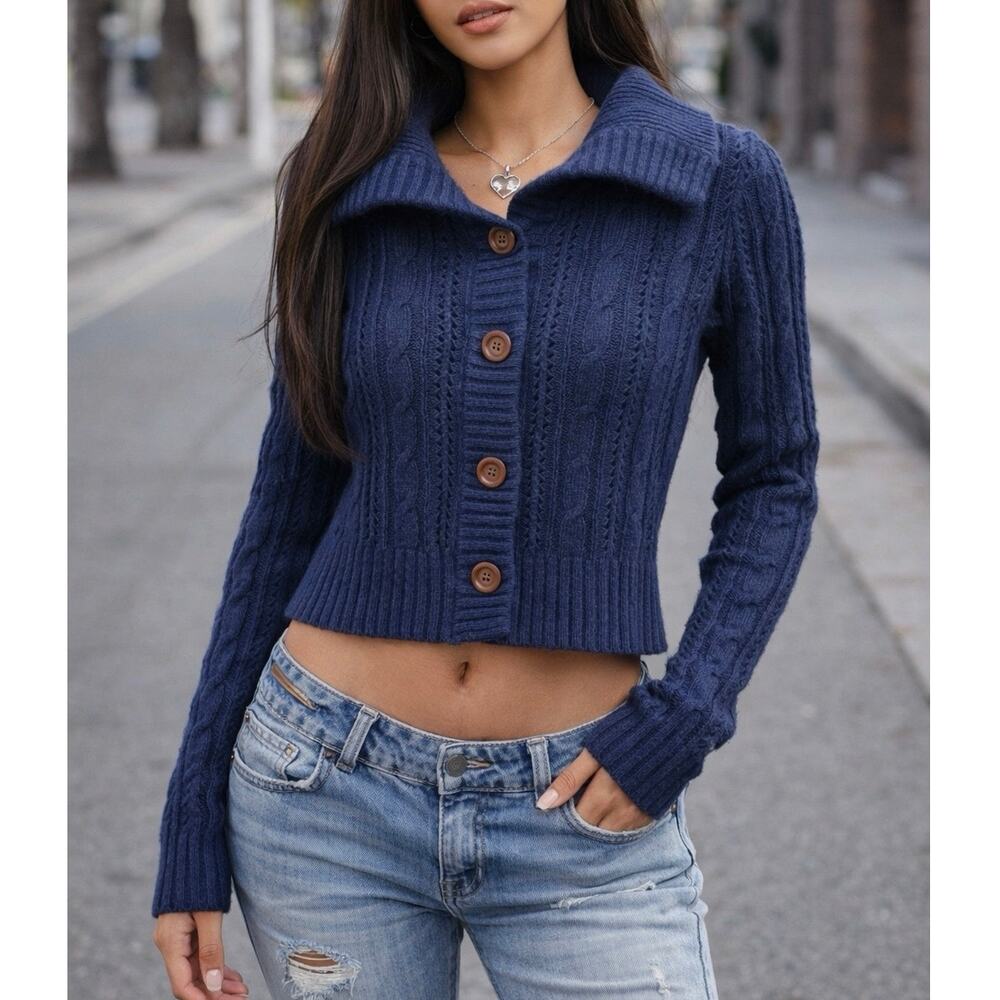 Y2K Twiggy Angora Wool Cable Knit Chunky Button Down Slim Cardigan Size Med